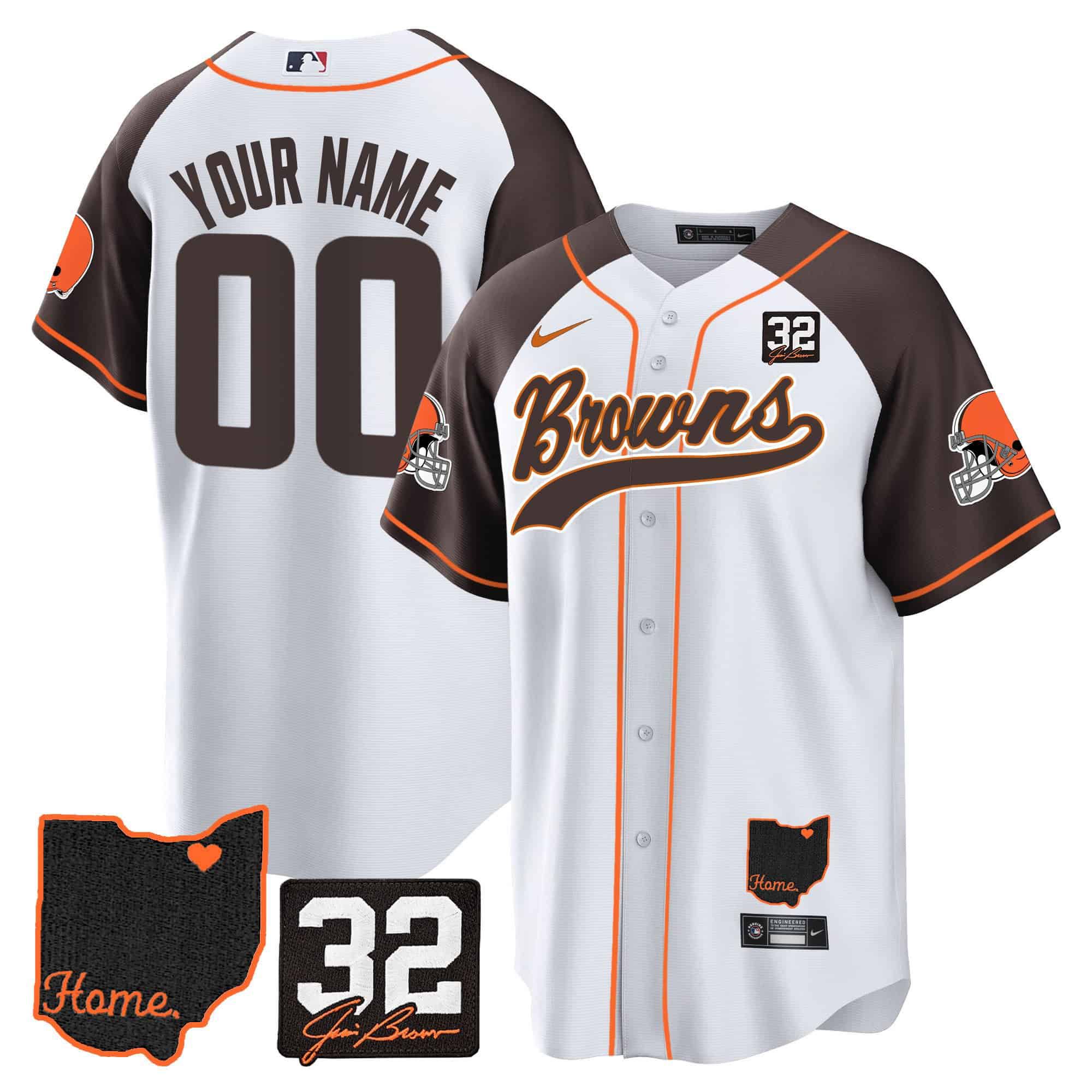 Men Cleveland Browns White 32 Jim Brown Memorial Home Patch Baseball Custom 2024 Nike NFL Jersey style 1